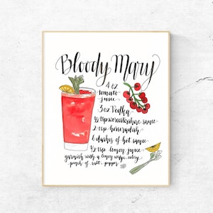 ORIGINAL -  Bloody Mary -  Cocktail Drink Recipe Watercolor - 8x10