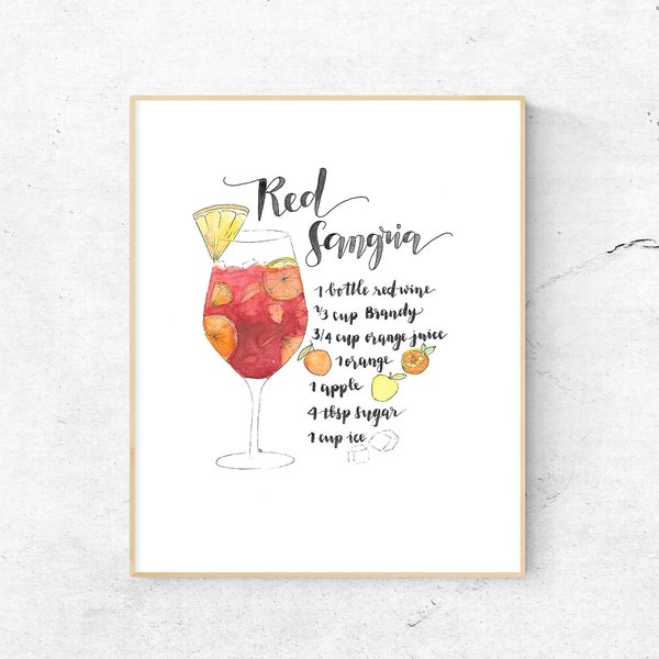 DIGITAL - Instant Download - 3 Sizes (4x6, 5x7, 8x10) - Red Sangria Drink Recipe Watercolor