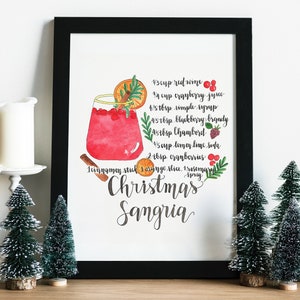 DIGITAL - Instant Download - 3 Sizes (4x6, 5x7, 8x10) - Christmas Sangria Red Wine Cocktail Drink Recipe Watercolor
