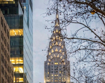 New York City Photography, Skyscraper, Chrysler Building, Dusk, New York Art, Wall Decor, Wall Art, NYC Architecture, Gold Photo