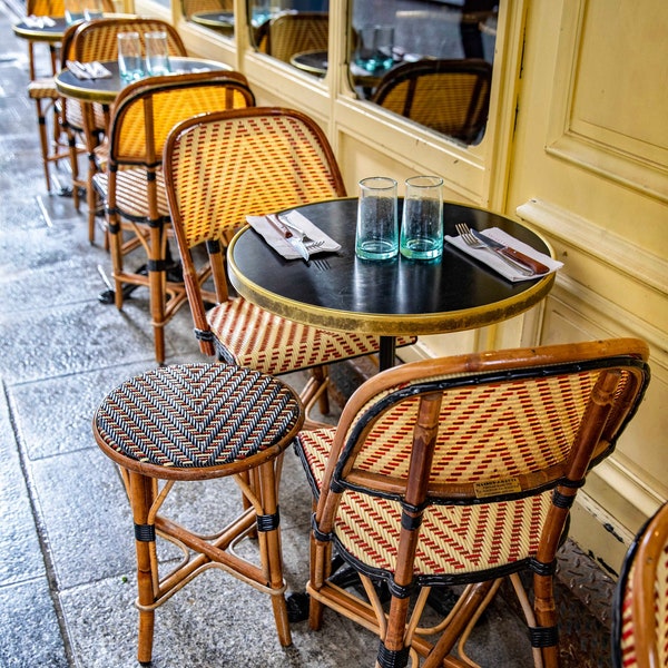 Paris photography, Paris Sidewalk Cafe, Cafe Chairs, French Wall Decor, Paris Wall Art, Urban, Parisian Restaurant, Travel Print, Fine Art