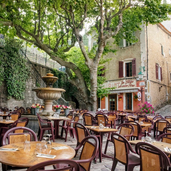 Provence Photograph, Village of Fayence, Cafe Tables, Provence Wall Art, Wall Decor, French Art, Stone Architecture, Kitchen Art, Print