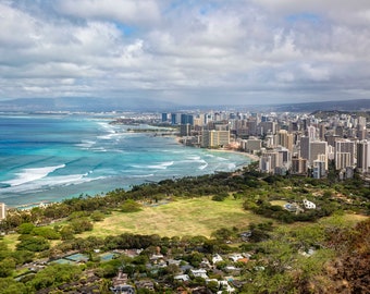 Hawaii Photo, Diamond Head View, Waikiki Beach Photo, Oahu Decor, Oahu Travel Print, Honolulu Photography, Hawaii Beach, Aerial View