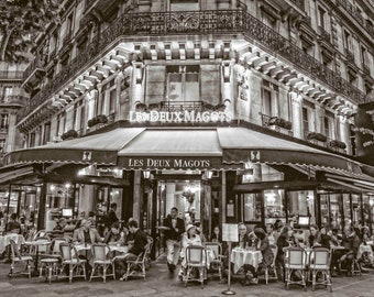 Paris Photography, Les Deux Magots, Cafe, Restaurant, Paris Wall Decor, Wall Art, Black and White, Parisian Bistro, Parisian Memories