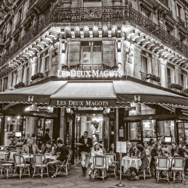 Paris Photography, Les Deux Magots, Cafe, Restaurant, Paris Wall Decor, Wall Art, Black and White, Parisian Bistro, Parisian Memories