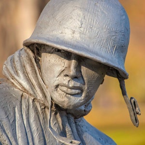 May include: A silver sculpture of a soldier wearing a helmet and a hooded jacket. The sculpture is detailed and realistic, capturing the soldier's determined expression.