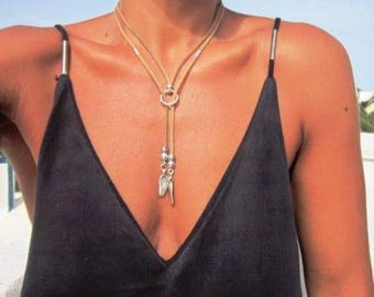 Handmade Silver Beaded Leather Y Lariat Necklace • Bohemian Charm Jewelry