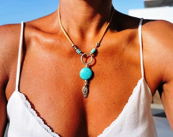 Handmade Silver & Turquoise Charm Necklace • Bohemian Suede Jewelry