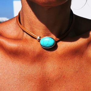 Handmade silver and leather choker Turquoise Necklace with charm and beads • Bohemian jewelry Necklaces for Women