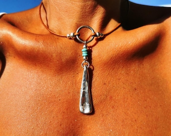 Boho Leather Choker Necklace • Silver Plated Pendant, Turquoise Beads