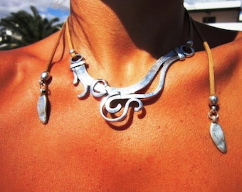 Statement Silver Chunky Pendant leather Necklace • Bohemian Neotribal Jewelry gift for her