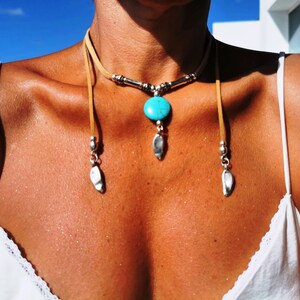 Leather Choker turquoise Necklace pendant silver beaded   • Bohemian Handmade Jewelry