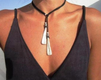 Boho Leather Y Lariat Necklace • Silver Plated Pendants