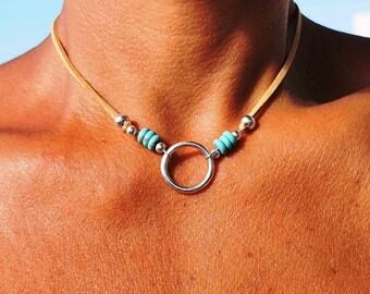 Handmade silver and leather choker Necklace with charm and beads • Boho Necklaces for Women
