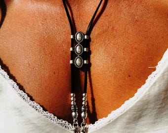 Everyday Long Statement Chunky Pendant leather Necklace with Silver Charm