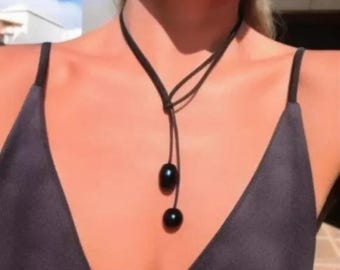 Obsidian Onyx Y Lariat Necklace - Handmade jewelry Silver Plated Boho Style
