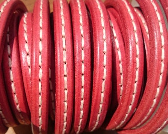 LAST ONE!! 5 meter / yards  10x6mm oval stitched red thick leather cord, licorice leather