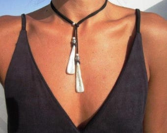 Handmade Silver Beaded Leather Y Lariat Necklace • Bohemian Charm Jewelry