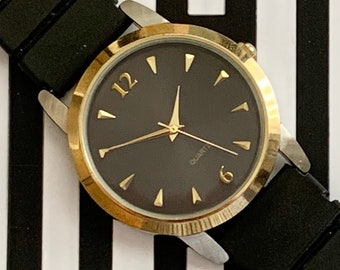 Jack's Premium Watch, BLACK DIAL Mens Watch, Gilt Dial, Gold Plate Bezel, Vintage Watch, Sweep Second Hand, Quartz Battery, Rubber Strap