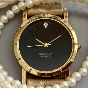 LADIES DIAMOND BLACK Watch | Quartz Battery Movement | Retro Museum Style | Runs Well | c 1990s Click & Read Item Details