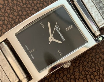 MENS GENEVA WATCH Vintage: Black Dial, Rectangular 1980s Click & Read Item Details