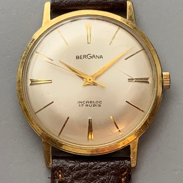 BERGANA MENS WATCH, Fabulous Vintage Yellow Gold Plate Case Bauhaus Dial 17 Jewels Dress Luxury Mechanical Watch Extremely Fine & Rare