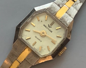 Tempting WALTHAM Marlene WOMENS Vintage Watch, Quartz 2 Tone Rectangular Matching Bracelet Cut Corners Octagon Click Item Details