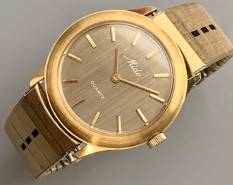 RARE Vintage 1970's Mido Quartz Men's Swiss Watch, Bronze Tone Textured Dial, Bronze Tone Golden Bezel, Signed Mido 77, Click Item Details
