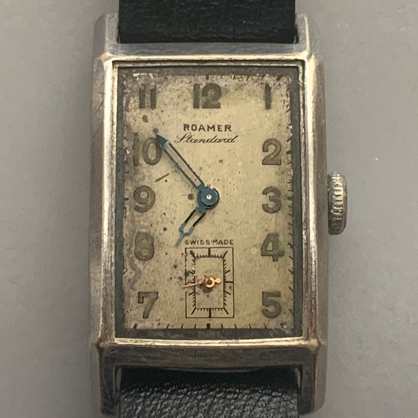 Antique Mens Vintage Swiss ROAMER STANDARD Art Deco Bauhaus Rectangular Watch 15 Jewels Sub Second Hand V See "Item Details"