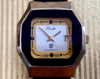 TAITO S Mens Watch, by the maker of SPACE INVADERS, Vintage Octagon Golden, Date Window, Sweep Second Hand, Retro Chic, See Item Details