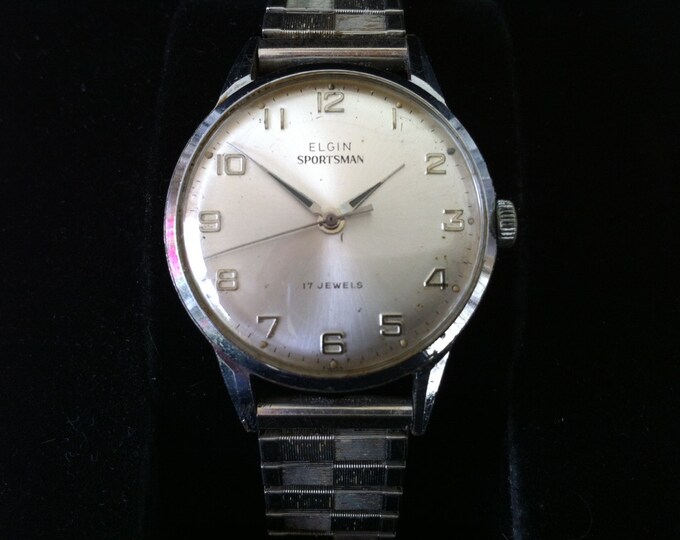 Montre Bracelet Homme Elgin Sportsman 17 Automatique - Fabriquée En Suisse Années 1950, 17 Rubis, Cuir - Occasion