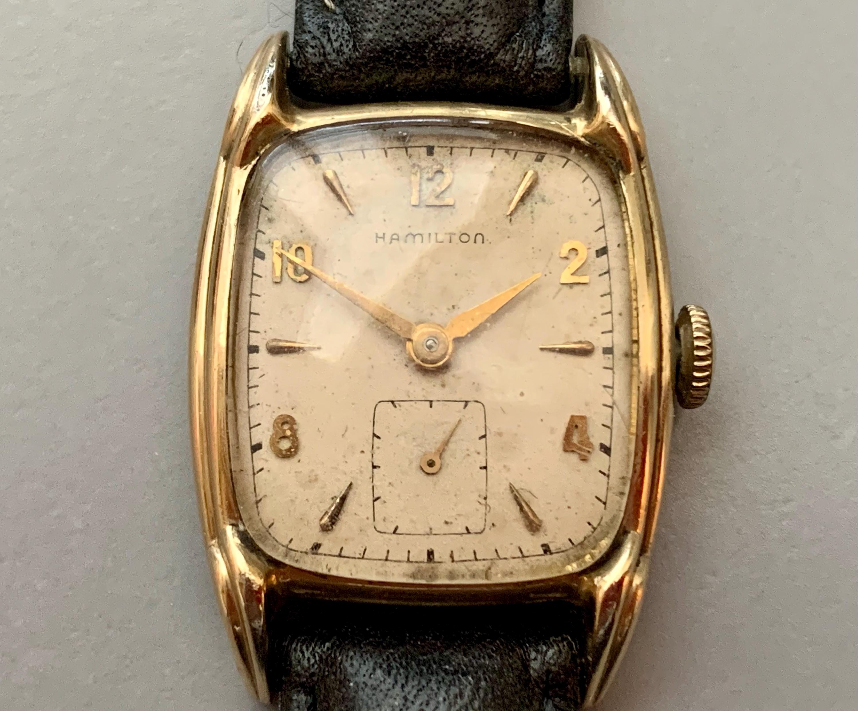 Men's Hamilton 'darrell' 10K Gold-filled Curved Rectangular Windup