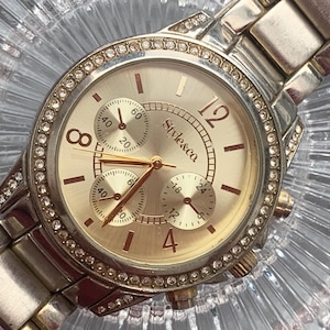 LADIES Boyfriend Silvery Vintage Watch Macy&#39;s Style & Co Golden Dial, Crystal Bezel, Decorative Sub Dials, Runs Well, See Item Details