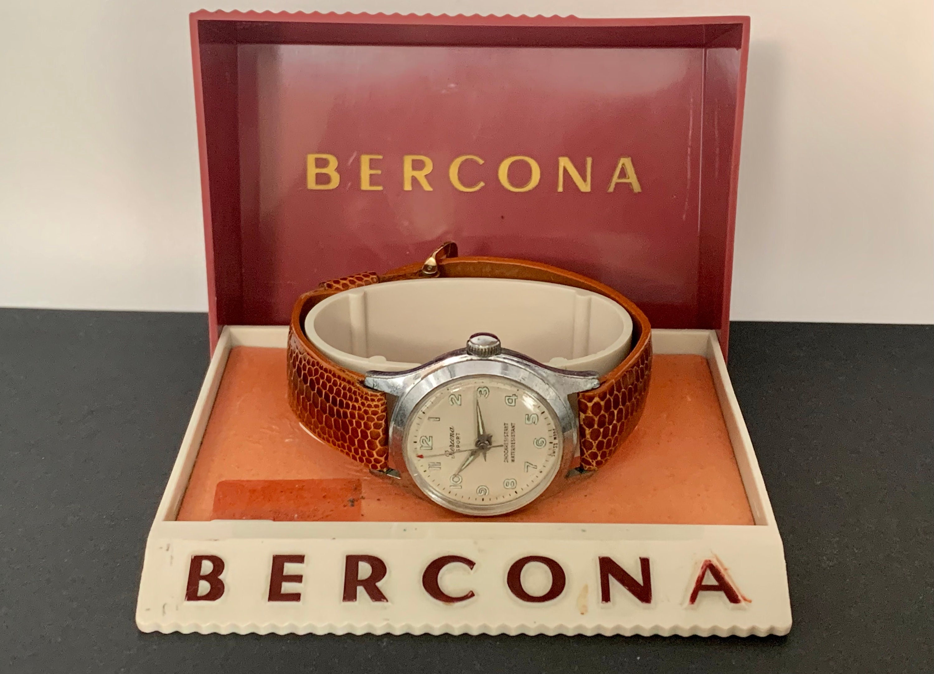 Vintage Mens Bercona Watch by Belair W Box Swiss Silver Tone White Dial Red Arrow Sweep Second Hand Wind Up Click Item Details to Read More Etsy Ireland