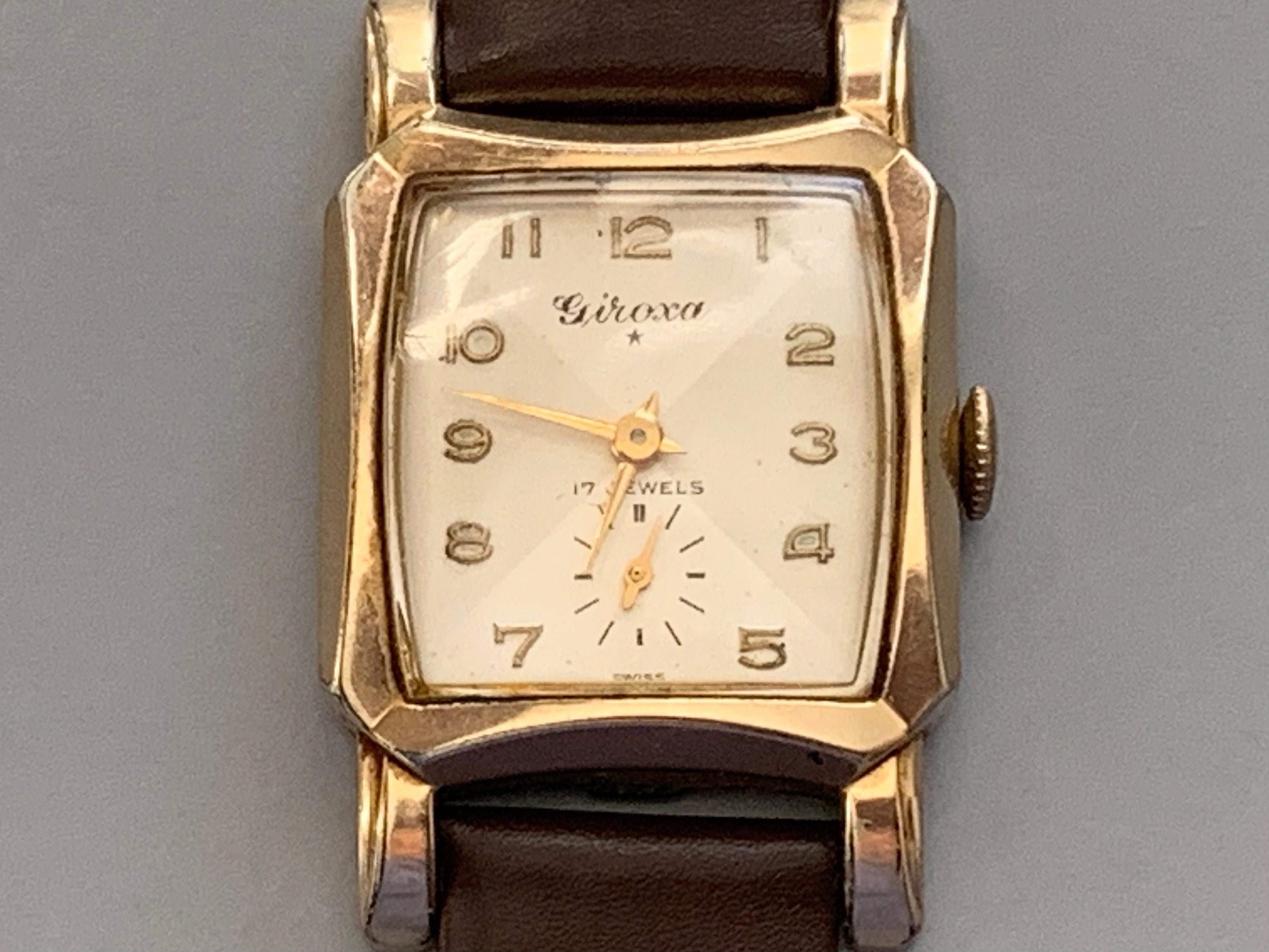 Mens Art Deco Giroxa Swiss Watch: 10K Rolled Gold 17 Jewels | Read