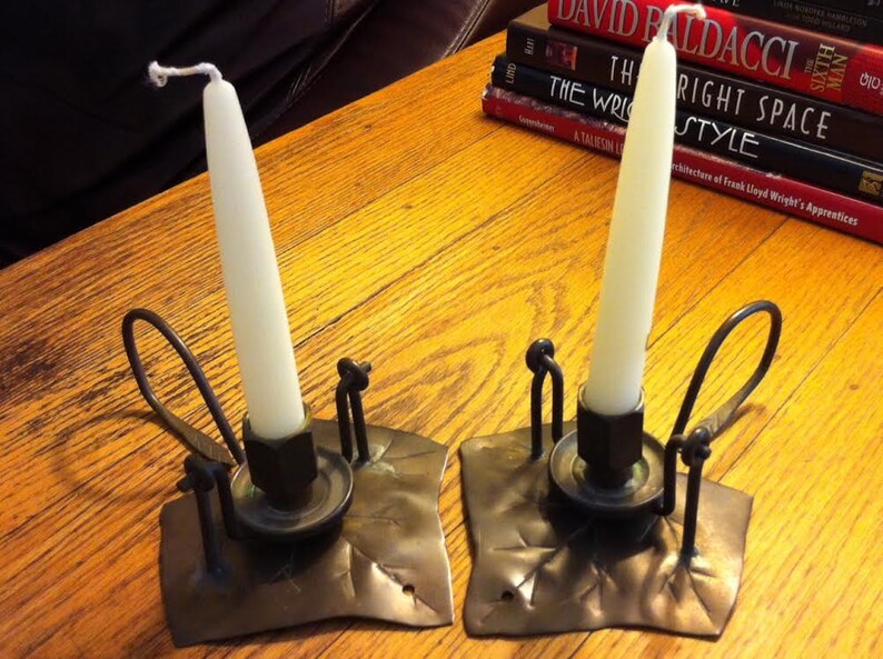 Candle Holders Classic ARTS and CRAFTS ERA Hand Wrought Bronze Swing Hand Made Ivy Leaf Hinged Sconces Pair One of a Kind