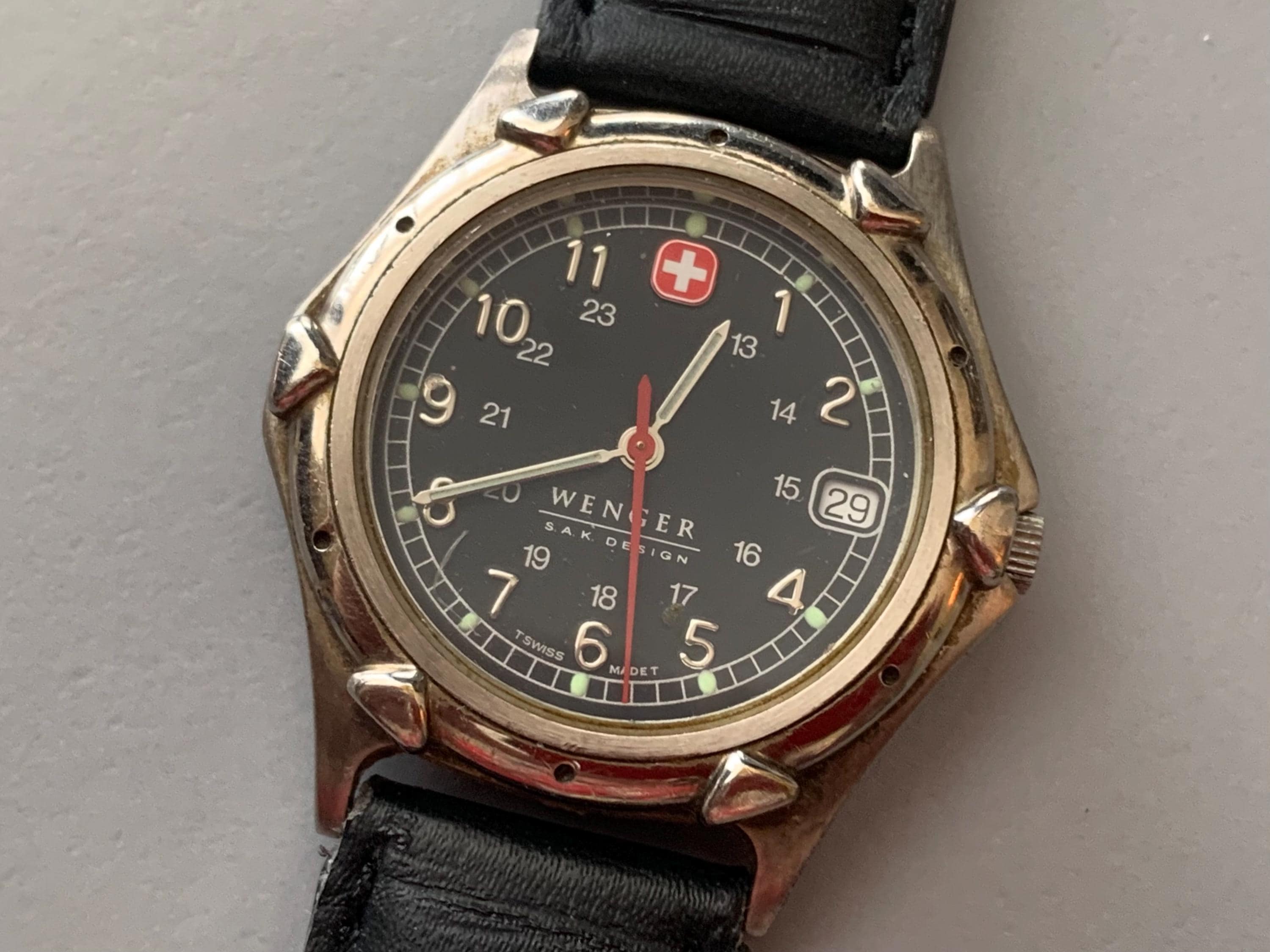 Mens SWISS ARMY Watch Wenger SAK Design Black Dial Red Cross Logo