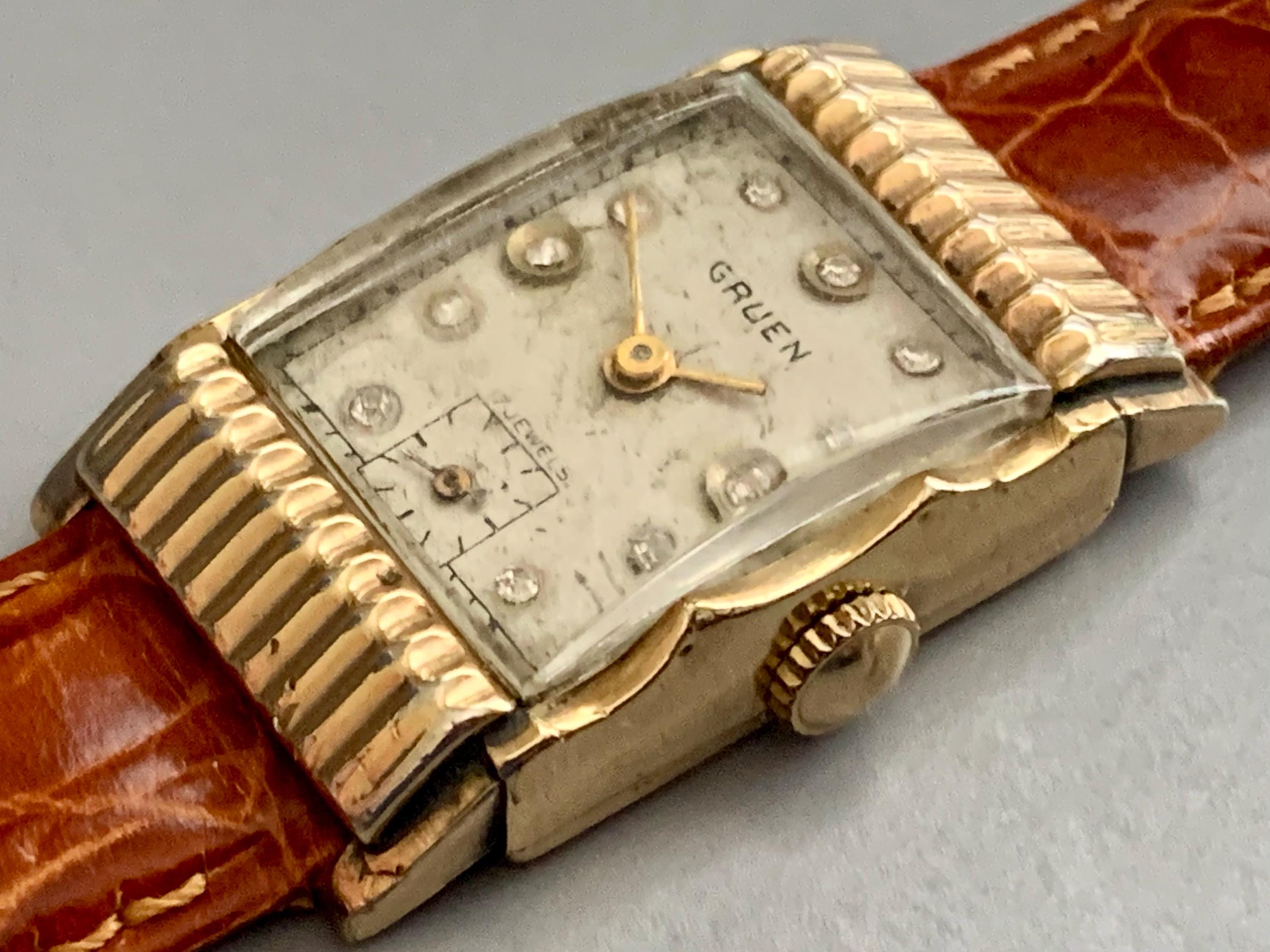 MENS GRUEN SWISS Diamond Dial Watch 10K Rolled Gold Art Deco