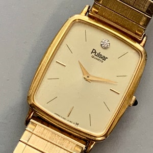 Pure Perfection PULSAR Mens Vintage Gold Plated Rectangular Watch, Quartz Ultra Slim Watch, Golden Dial, See Item Details image 6