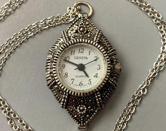WOMENS MARCASITE Pendant Watch Necklace: Geneva Silvertone | Chain, Click & Read Item Details