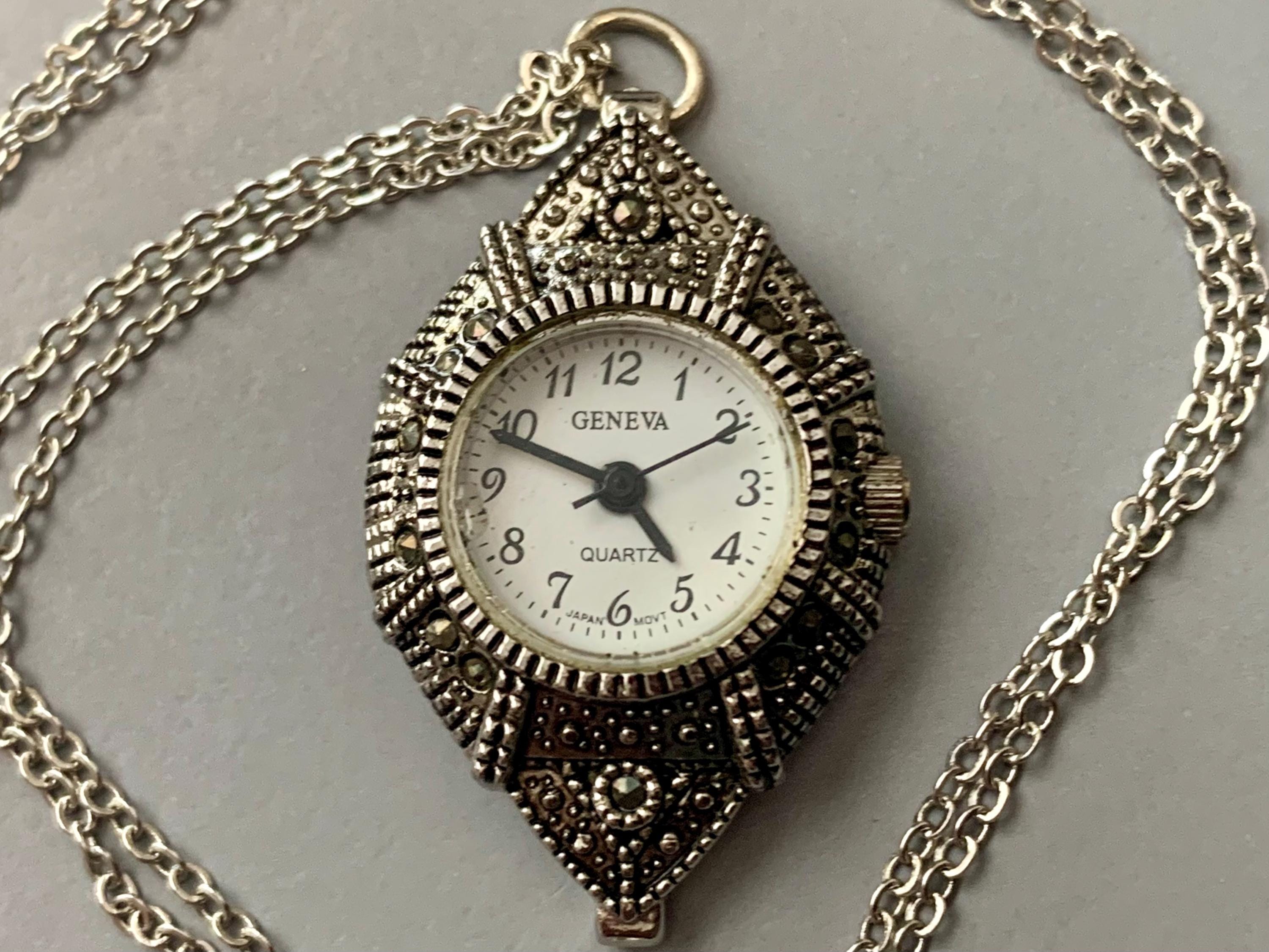 Vivani Ladies Marcasite Watch Pendant Necklace Silver Tone Swirl Bead 28\