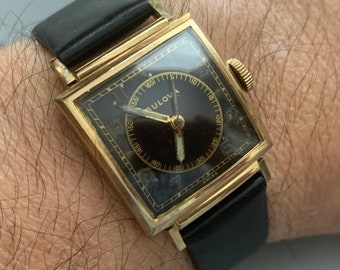 Bulova Surgeon, Doctors Watch, Black Dial Watch, Rectangular Watch, Mens Watch, Vintage Watch, Large Second Hand, Gilt Dial, Swiss 17 Jewels