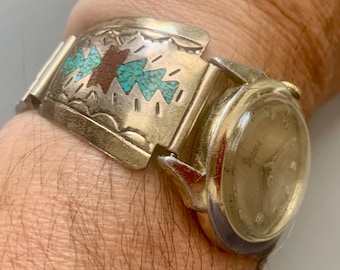 BILLY SLIM STERLING Silver Turquoise Coral Navajo Mens Watch Tips  | Ungers Swiss 17J Watch