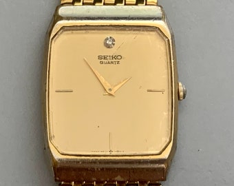 Seiko Slim Quartz Mens Watch, Golden Dial, Diamond Dial, Rectangular Bezel, Stick Hour Markers, Working w/ Fresh Battery, Free Shipping!