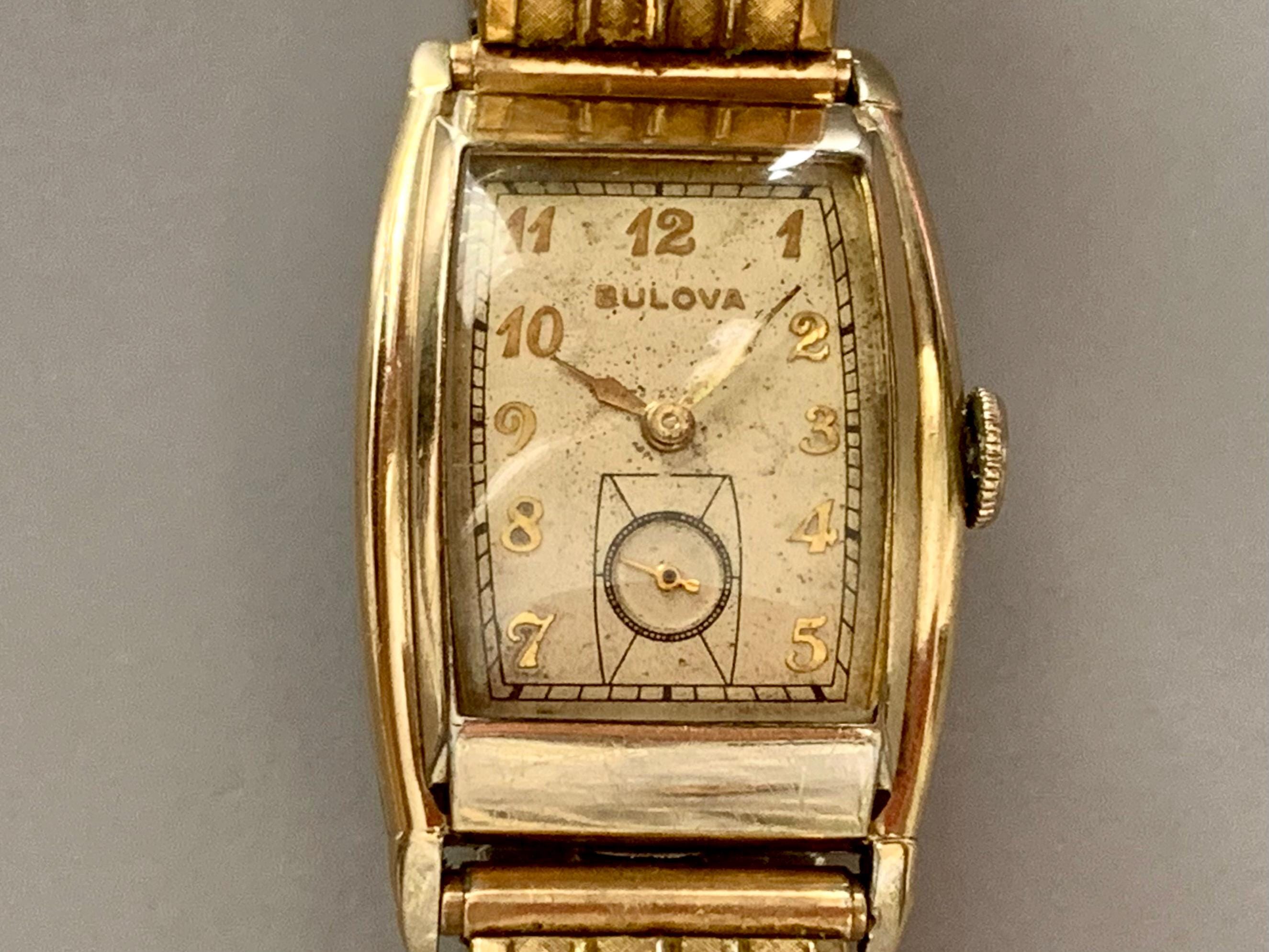 Vintage 1940 Bulova Alden Mens Watch: 10K Rolled Gold, Sub Second