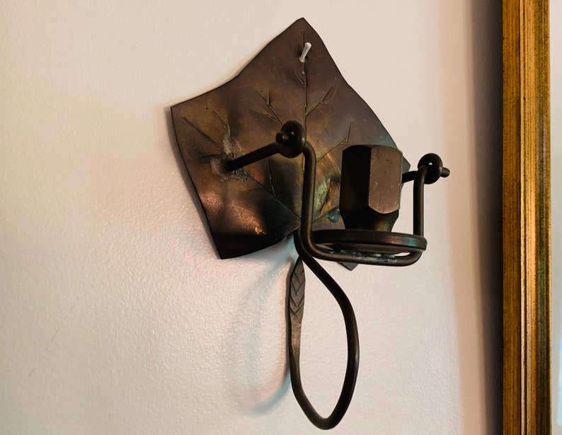 Candle Holders Classic ARTS and CRAFTS ERA Hand Wrought Bronze Swing Hand Made Ivy Leaf Hinged Sconces Pair One of a Kind