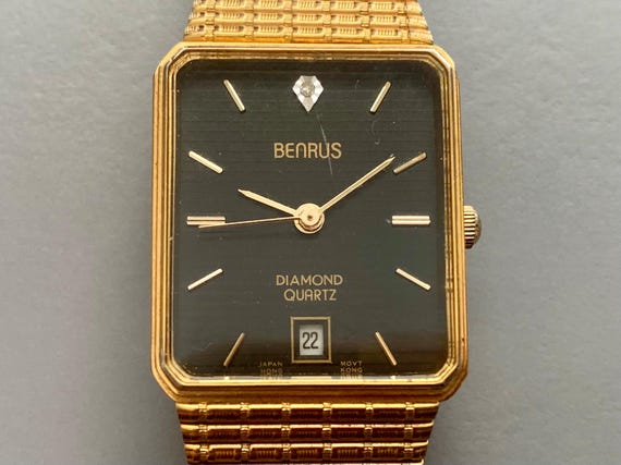 MENS BENRUS WATCH Diamond Quartz Rectangular Black Dial Date Window Vintage Luxury Sweep Second Hand Click Item Details to Read More Etsy