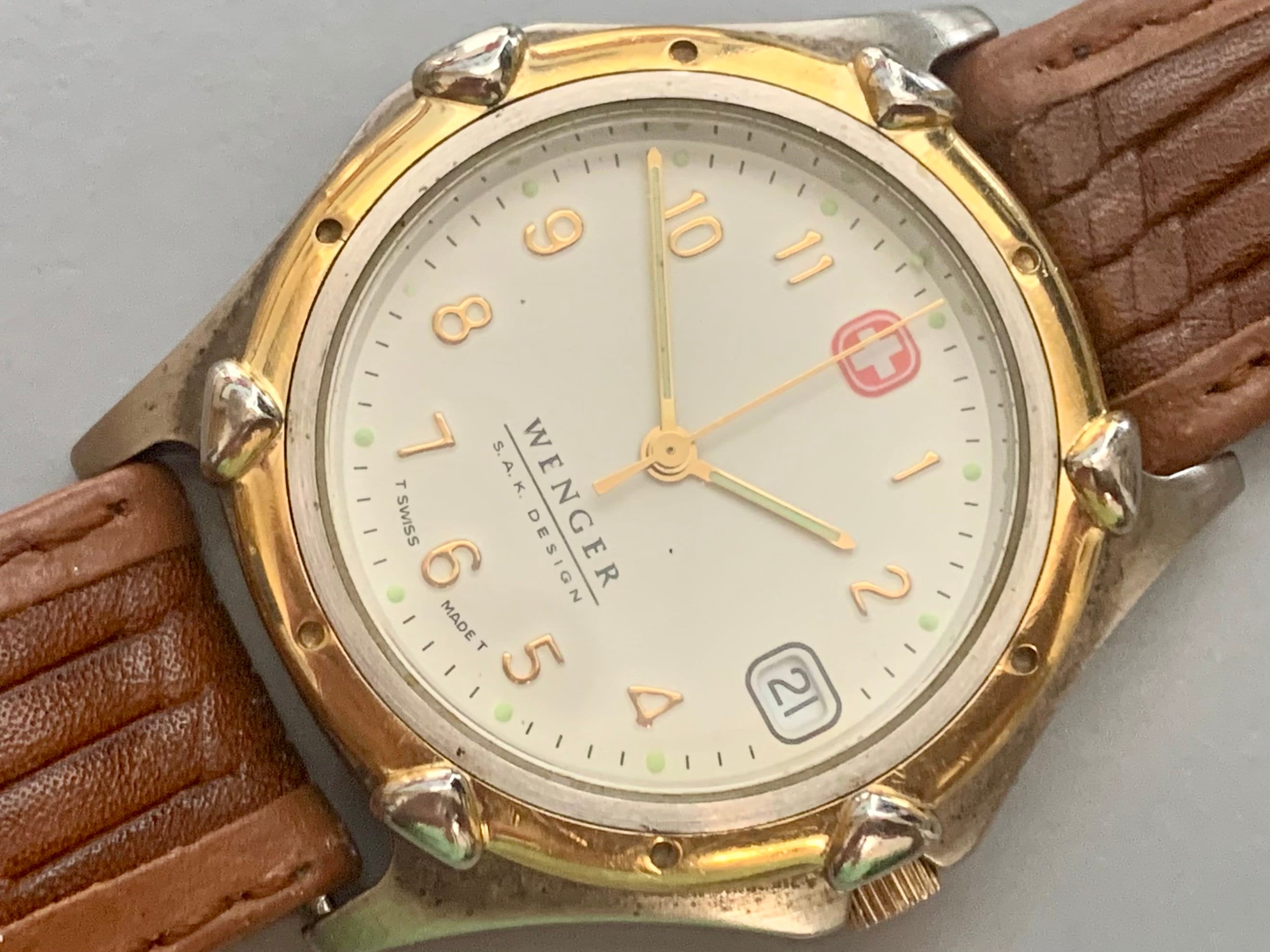 MENS WENGER SWISS Army Knife White Dial Vintage Watch 2 Tone Day Window Sweep Second Hand Ships Free Click Item Details To Read More Etsy