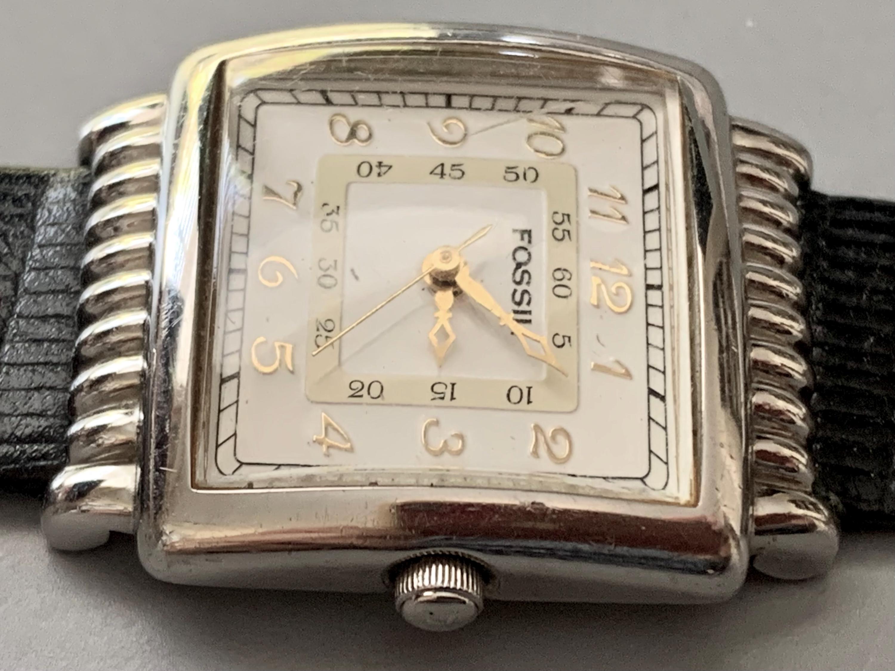 MENS FOSSIL WATCH Vintage Rectangular Art Deco Style 1995 