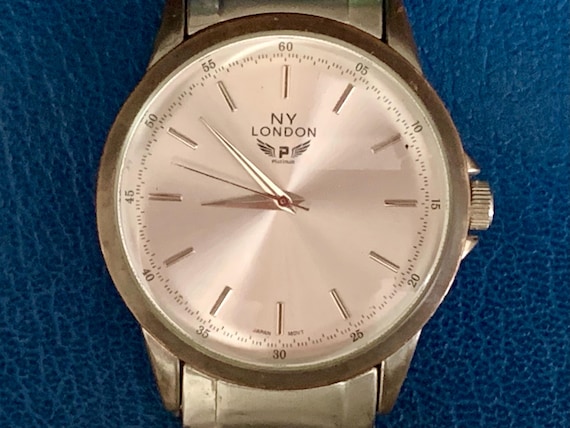 MENS NY LONDON Platinum Watch: Silvery Dial, Sweep Second | Click
